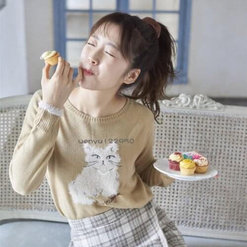 Japanese Cute Girl Sweet Feather Yarn Cat Embroidered Letters Three-dimensional Pearl Necklace Bow Knit Sweater Women Sweater