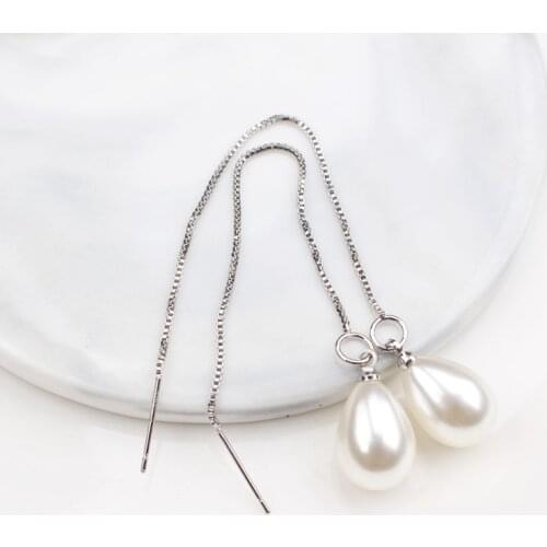 Long Tassel Simulated Pearl Drop Earrings for Women Crystal Whale Fish Tail Ear Line Korean Wedding Jewelry Pendientes