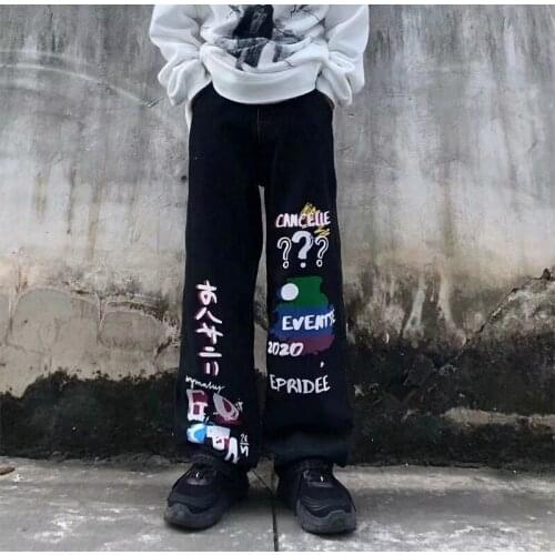 New Spring Autumn Casual Jeans Woman Long Trousers Female Fashion Streetwear Graffiti Print Loose Straight Wide Leg Denim Pants