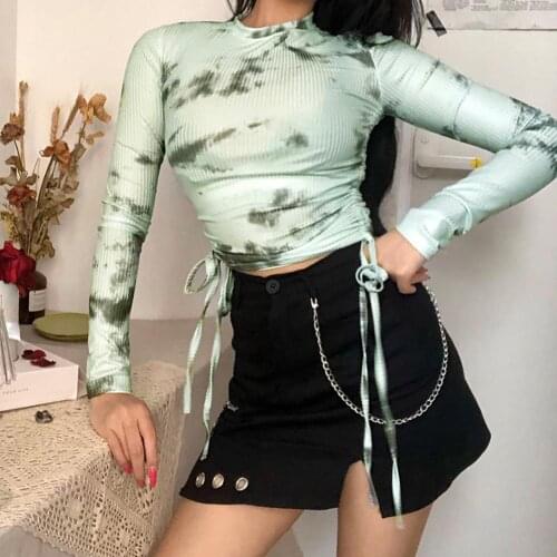 Women New Stylish O Neck Long Sleeve Tie Dye Color Drawstring Ruche Crop Top Slim Tight Blouse