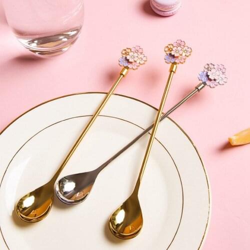 1Pc Chic Stainless Steel Spoon Cherry Blossom Ice Cream Fruit Coffee Stirring Spoons Teaspoon Dessert Cake Honey Spoon Tableware