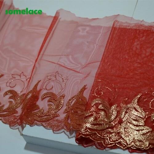 2Yds/lot 20cm Wide Red Mesh Fluorescent Gold Floral Pattern Embroidery High Quality Lace Trim For Garments Wedding