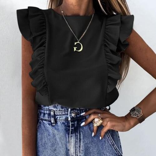 Kawaii Ruffles Blouse Women Elegant Pleated Soild Shirt Casual Sleeveless O-neck Top Tee Vintage Pullover Aesthetic Рубашки