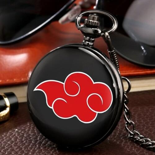 Harajuku Mens Japan Anime Clock Akatsuki Red Cloud Quartz Pocket Watch Chain Lively Clock Pocket Watch Kakashi Itachi Cosplay