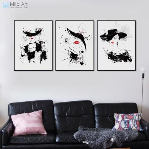Black White Beautiful Woman Red Lip Fashion Lady Posters Nordic Girls Room Wall Art Picture Canvas Paintings Home Decor No Frame