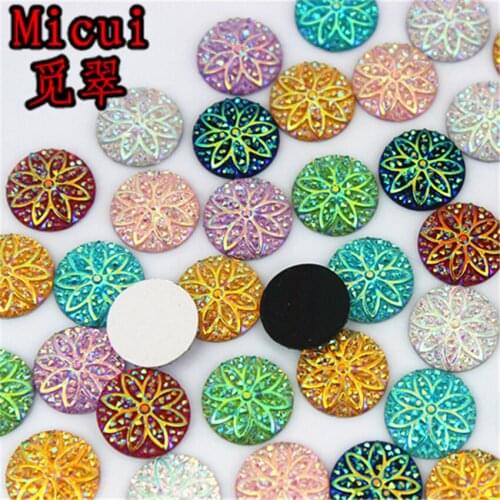 Micui 50pcs 12mm AB Color Round Flower Resin Rhinestones Flatback Stone For Clothes Dress Crafts Garment Decoration MC675