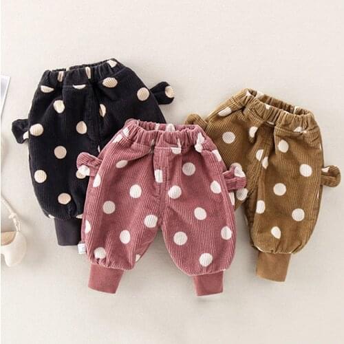 Kids Corduroy Pants Autumn Winter Cartoon Animals Print Dot Loose Casual Plush Baby Clothing Toddler Harem Elastic Waist Trouser