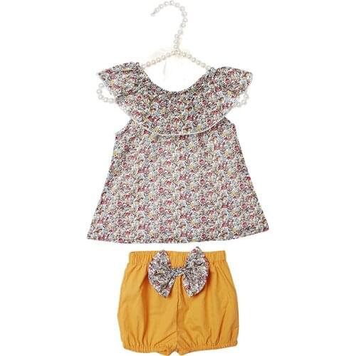 Kaiya Angel Baby Children Girls Outfits Floral Turn-Down Collar Top + Mustard Yellow Pants with Floral Bow 100% Cotton Clothes