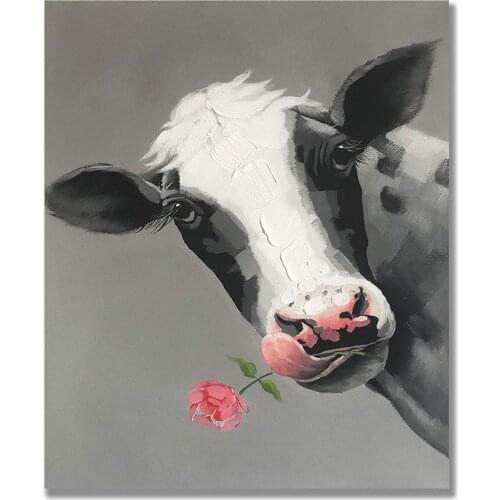 Hand Painted Cute Cow with Rose Oil Paintings Cool Grey Wall Art for Living Room Animals Paintings for Kids Room Wall Decor