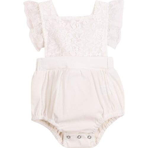 Citgeett Summer Solid Baby Girls Casual Bodysuit White Square Collar Fly Sleeves Lace Hem Clothes