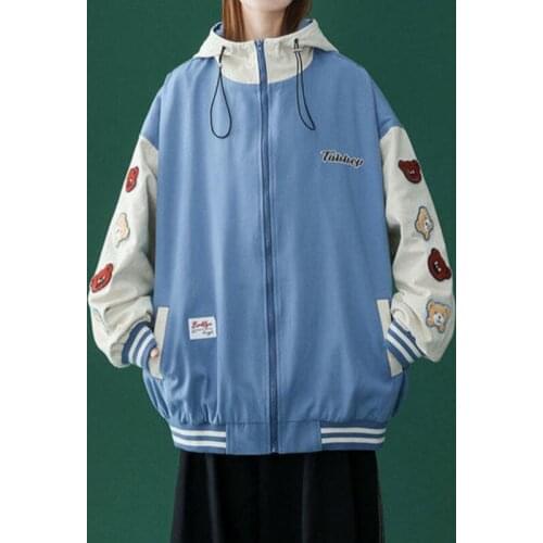 Bomber Jacket Women Baseball Uniform Korean Loose Contrast College Style Autumn Thin Hooded Coat Streetwear Vintage Clothing