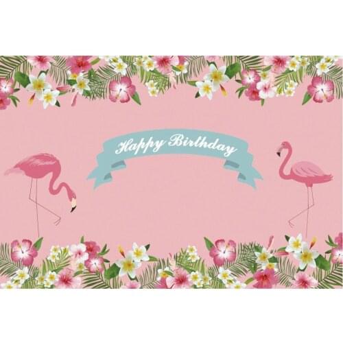 Birthday Backdrop Flamingo with Flowers Pink Photography Background Celebration Photo Booth Studio Decor