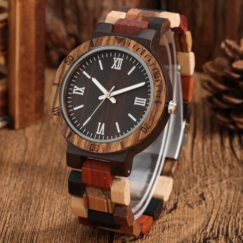 100% Handmade Bamboo Wristwatch Men Quartz Analog Display Watch Mixed Color Full Wood Band Adjustable Strap Luminous Hands Gift