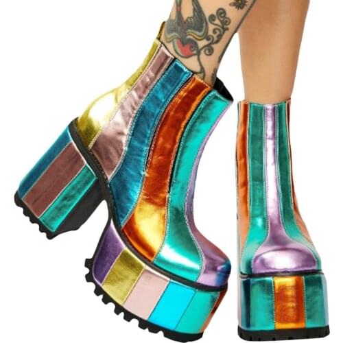 New High Platform Rainbow Boots Laces Transparent PVC Ankle Boots Candy Color Platform Heel Clear Short Booties Shoes