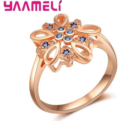 New Attractive Retro Rose Gold Five Petal Rings For Women 925 Sterling Silver Shinning Blue Zircon Statement Jewelry