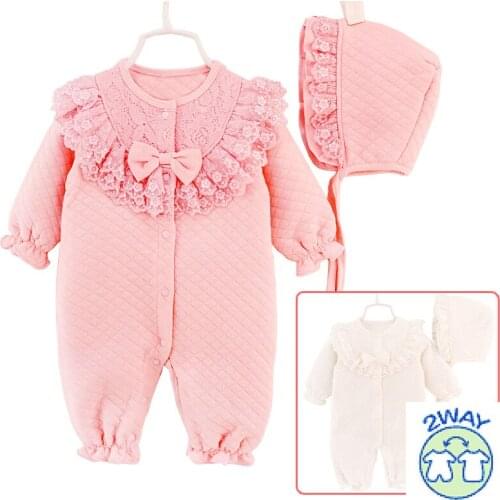 New Fall Winter Baby Girl Cotton Lace Jumpsuit Rompe Overall with Cap White Pink Sleeping Bag Infant Clothes Born 3m 6m 9m