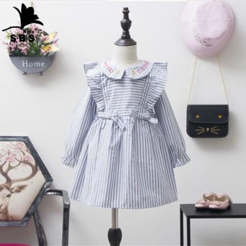 Autumn Hot Sale Childrens Clothing Girls Striped Sleeve Dress Navy Style Long-sleeved Embroidered Bow Tie Casual Cotton