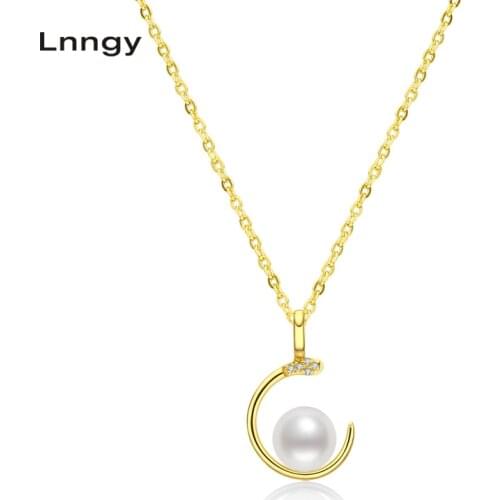 Lnngy Lnngy 18K Yellow Gold 6-6.5mm Genuine Freshwater Pearl Pendant Necklace for Women with 18" Chain (Sterling Silver)