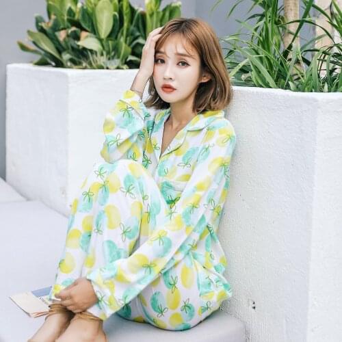 Autumn pajamas comfortable viscose fiber suit fruit print lapel long sleeve trousers home wear sleepwear women cotton pajamas