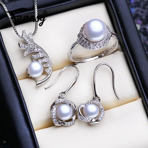 FENASY 925 Sterling Silver Jewelry Sets Natural Pearl Necklaces For Women Classic Stud Earrings Fashion Wedding Pendant Rings