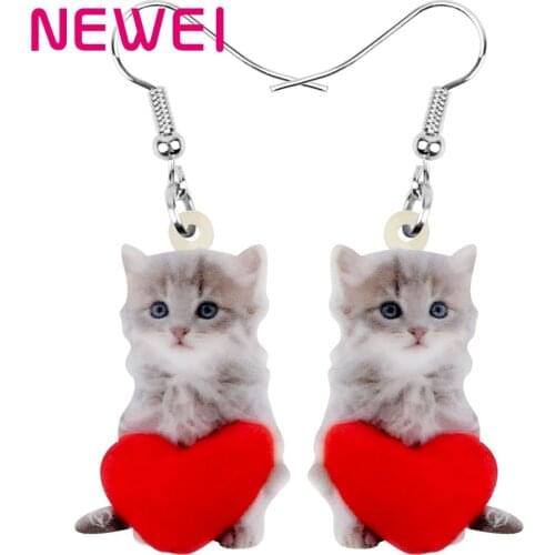 NEWEI Acrylic Valentines Day Heart Long-haired Cat Earrings Animal Drop Dangle Jewelry For Women Girls Teen Festival Charm Gift