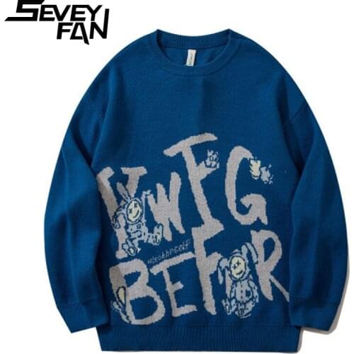 SEVEYFAN Mens Fashion Cartoon Letter Jacquard Sweaters BF Loose Cotton O Neck Kintwear Hip Hop Pullover Sweater for Couples