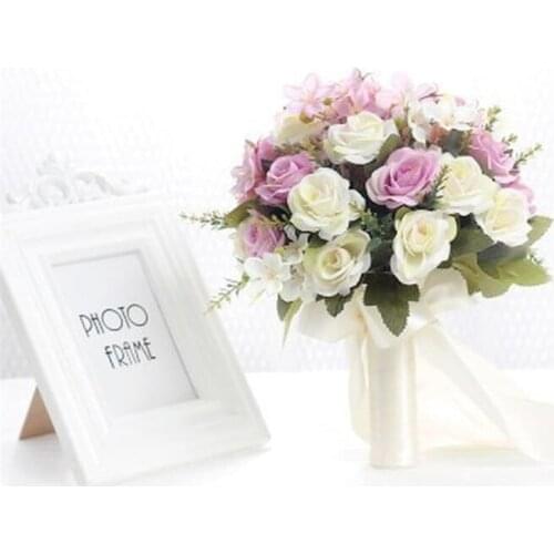 Wedding Bouquet with Silk Satin Ribbon Pink White Champagne Bridesmaid Bridal Party Holding FlowersArtificial Natural Rose