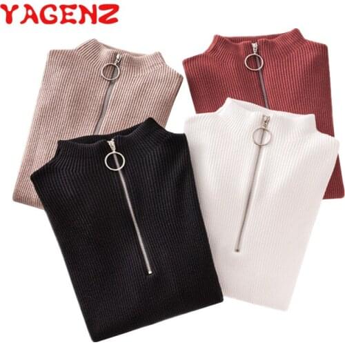 YAGENZ Autumn Winter Women Sweater Pullover Korean Style Long sleeve Casual Ring zipper Sweater Slim Solid Knitted Sweater Mujer