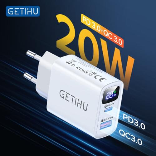 GETIHU PD QC 20W USB Phone Charger LED Type C Fast Charge Portable EU Adapter For iPhone 12 11 X Pro Max 7 8 iPad Huawei Xiaomi