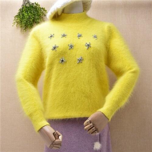 Ladies women fashion hairy beaded long sleeves turtleneck slim bottoming blouses pullover angora rabbit fur jumper sweater pull