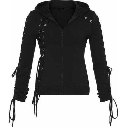 Rosetic Gothic Women Hoodie 2021 Streetwear Bandage Holes Lace Up Punk Black Goth Hooded Sweatshirt Tops Casual Hoodies Outwear