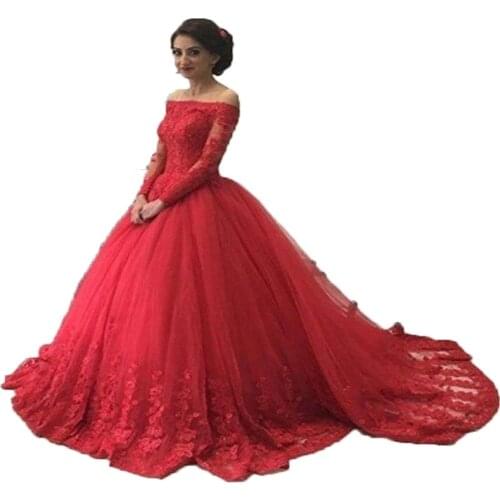 Abendkleider New Red Evening Dresses 2020 Boat Neck Long Sleeves Ball Gown Appliques Tulle Formal Prom Dress Vestidos de festa