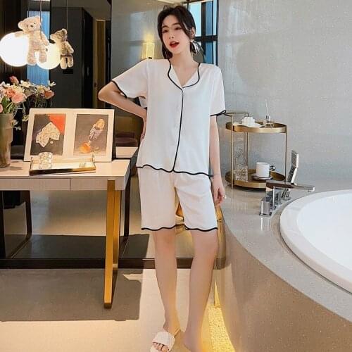 2021 Summer Ice Silk Pajamas Womens Short Sleeves Short Nightwear Wave Fashion Cardigan Pure White Ruffle Home Wear Sleepwear