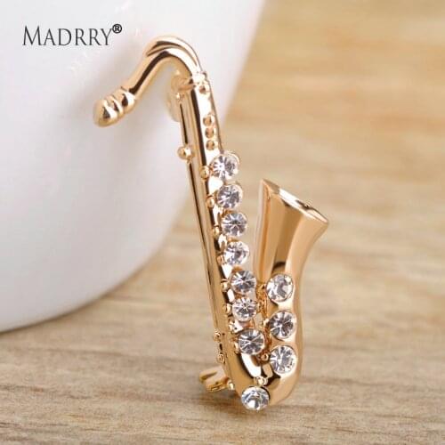 Madrry Exquisite Small Saxophone Shape Brooch Sparkling Rhinestone Brooches For Womem Shoulder Collar Pins Spilla Donna Jewelry