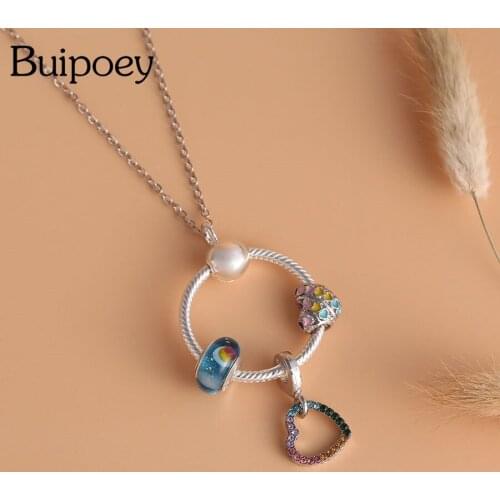 Buipoey Bohemia Ocean Style Crystal Heart Pendant Necklace Glass Rainbow Dangle Beads Necklace For Women Men Lovers Jewelry Gift