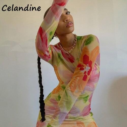 Celandine Fashion Women Summer Mesh Floral Print O Neck Long Sleeve Mini Wrap Dress Casual Beach Bodycon Short Party Dress 2021