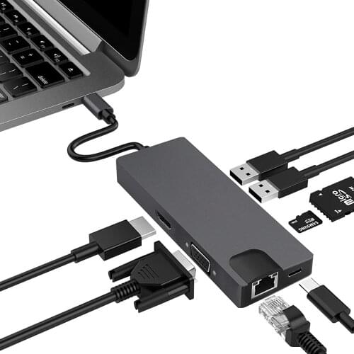 8-in-1 USB C Docking Station Type-C To HDMI VGA RJ45 USB3.0 Hub SD/TF Reader PD Charging HUB For Macbook Laptop