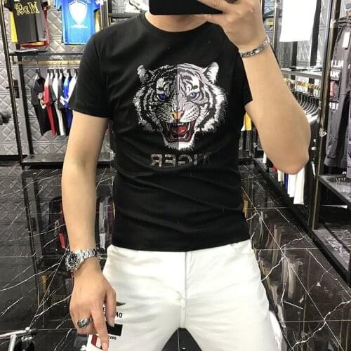Summer Chic Design Mens Luxurious Rhinestones Tiger Head T-Shirt Printing Hip Hop Street Short Sleeve Streetwear O Neck Top