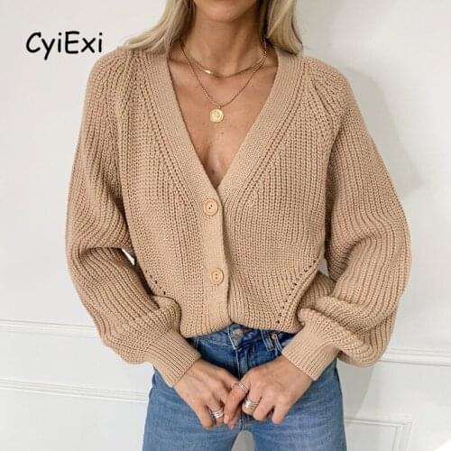 CyiExi Womens Lantern Long Sleeve Sweater Autumn Winter Sexy V-neck Solid Knitted Cardigan Sweaters Female Loose Casual Coats