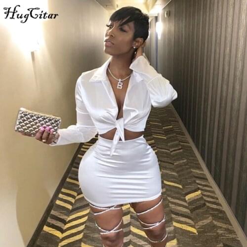 Hugcitar 2019 long sleeve satin V-neck wrapped crop tops skirt 2 pieces set autumn winter women pure pink party streetwear track