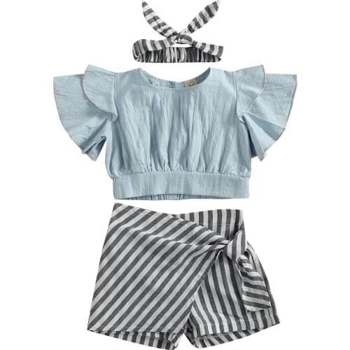2021 Summer Kids Three Piece Stripe Suit, Round Neck Short Pagoda Sleeve Tops Stripe Skirt Like Shorts Hairband Hot Sale