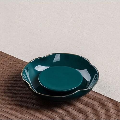 Creative Porcelain Teapot Tray Green Underglaze Gold Plated Gaiwan Kettle Holder Office Kung Fu Tea Set Accessories Fruit Plates