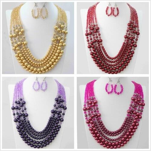 Crystal glass abacus faceted round shell simulated-pearl beads colors earrings 5rows necklace women jewelry set 20-25.5"B983-1