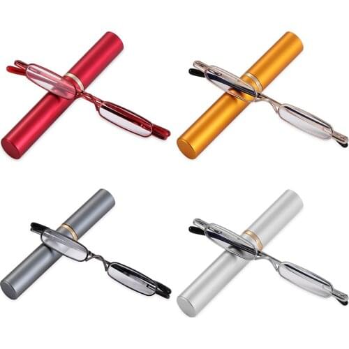 Fashion Mini Reading Glasses with Pen Tube Case Men Women Ultra Slim Portable Spring Hinge Presbyopia Eyeglasses Reader Glasses