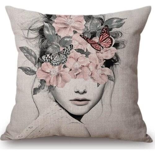 Fashion Flower Butterfly Head Girl Home Decorative Sofa Throw Pillows Beauty Store Cotton Linen Floral Lady cushion cover Cases