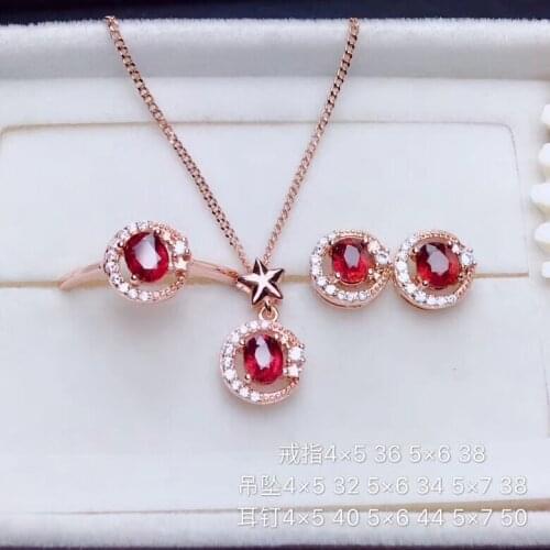 Natural red ruby ring Pendant Earrings Natural Gemstone Jewelry Set S925 Silver fashion Stars round Women party gift jewelry