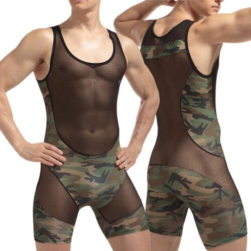 New Man Summer Sexy Jumpsuit Sport Vest Sleeveless See-through Mesh Patchwork Camouflage Printed Shorts Cycling Gym Bodysuit