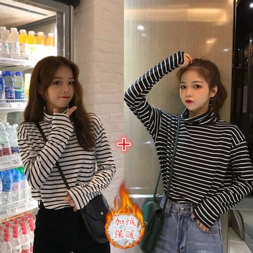Autumn and Winter Loose T-shirt Womens Black and White Striped Turtleneck Long-Sleeved Top