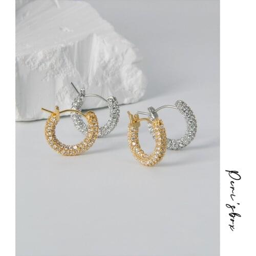 PerisBox Luxury Sparkly Pave Zircon Round Hoop Earrings Simple Gold Silver Color Full CZ Stones Brass Hoops Jewelry For Women