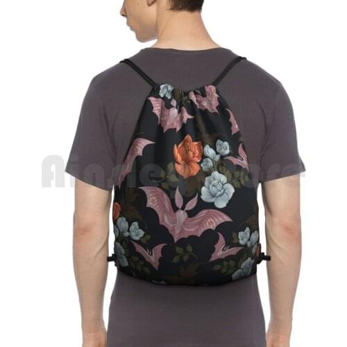 Botanical-Moths And Night Flowers Backpack Drawstring Bag Riding Climbing Gym Bag Bat Moth Bats Moths Floral Flowers